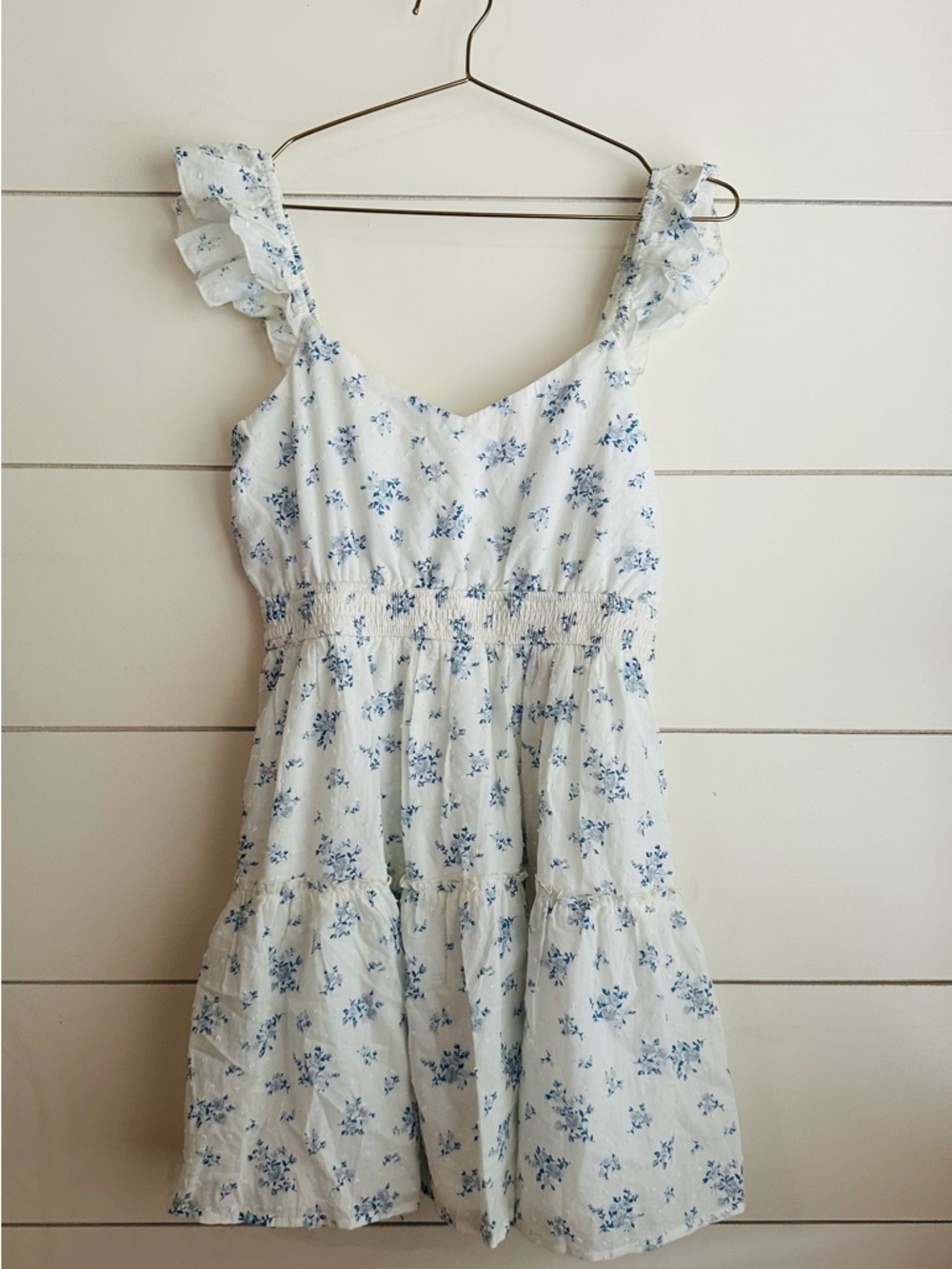 Altar'd State White Dress with Blue Floral Ruffles